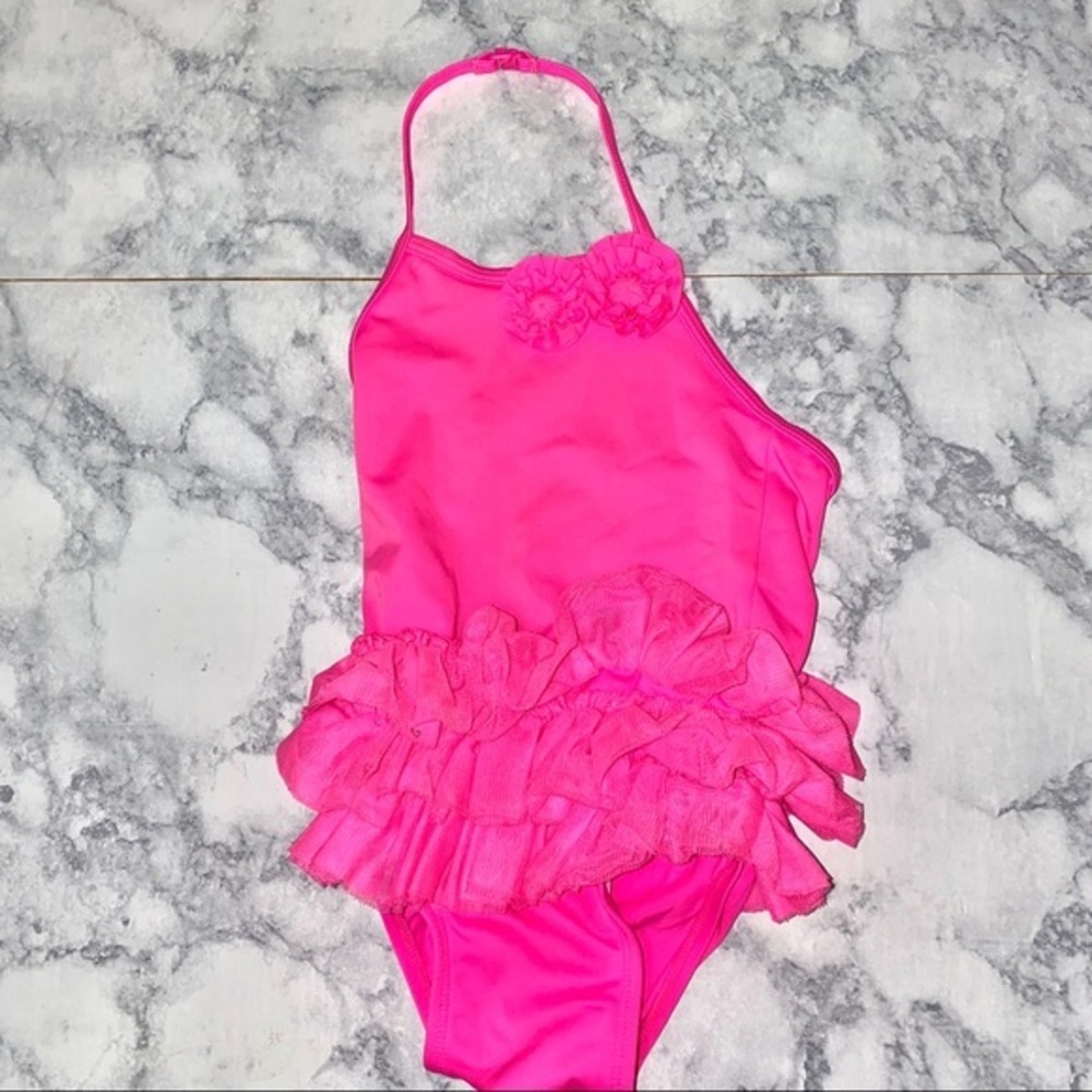 Old navy pink swim suit like new w flower 12-18